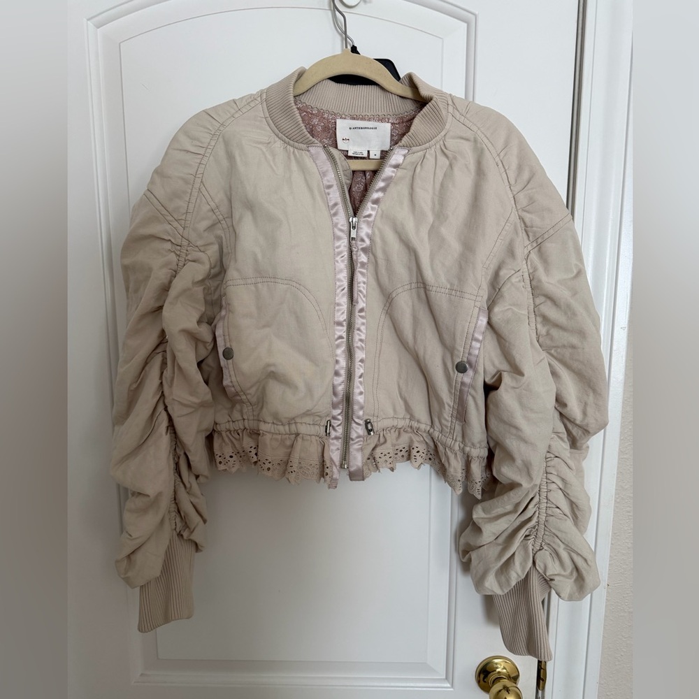Like new Anthropologie stone colored medium jacket ruched eyelet